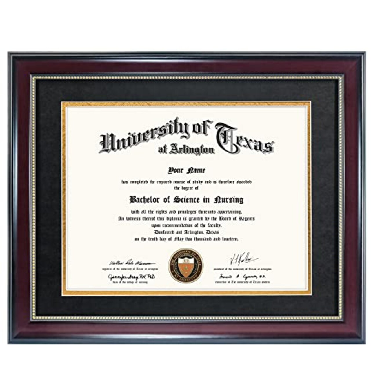 8.5x11 Diploma Frame with Black over Gold Mat or Display 11x14 Document without Mat, UV Protection Acrylic, Mahogany with Gold Beads